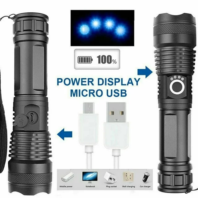 90000 Lumens Powerful Flashlight, USB Rechargeable Waterproof XHP70 Searchlight Super Bright 5 Modes LED Flashlight Zoom Bar Torch for Hiking Hunting Camping Outdoor Sport (Battery Included)