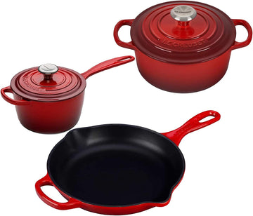 Le Creuset Signature Enameled Cast-Iron 2Qt Dutch Oven, 1.75Qt Saucepan, And 9" Skillet - 5 Piece Bundle Set - Cerise