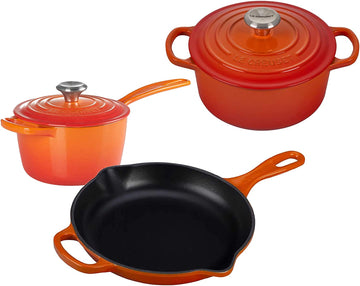 Le Creuset Signature Enameled Cast-Iron 2Qt Dutch Oven, 1.75Qt Saucepan, And 9" Skillet - 5 Piece Bundle Set - Flame