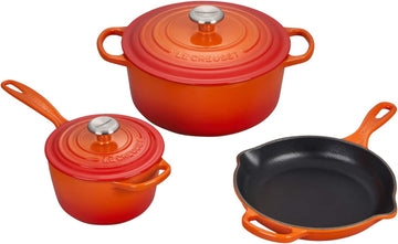 Le Creuset 5 Piece Signature Set w/Stainless Steel Knob - Flame (5.5 qt. RDO, 1.75 qt. Saucepan, 9" Skillet)