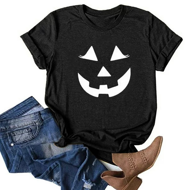 Apepal Women's Halloween Print T-shirt Casual Round Neck Short Sleeve Loose Blouse Top Black L