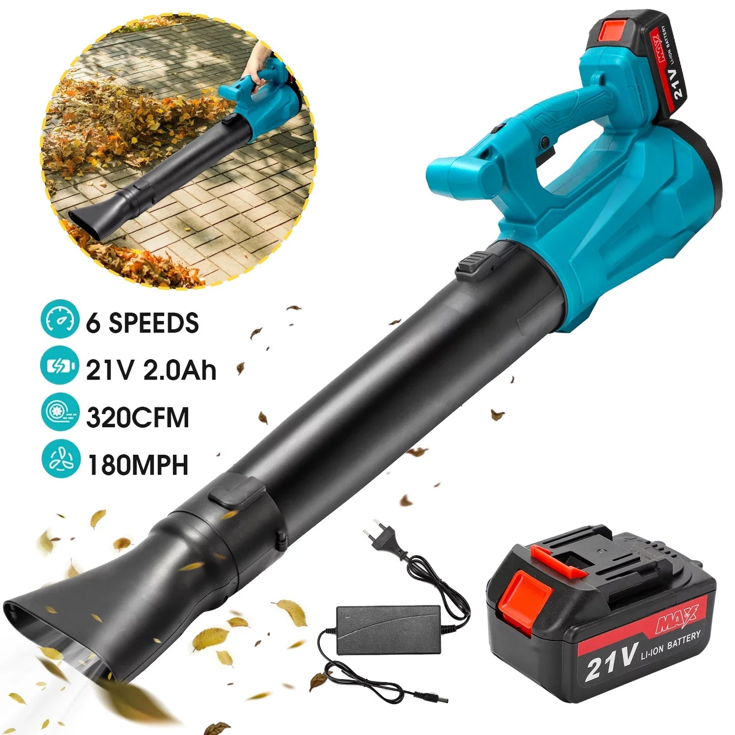 Melliful Leaf Blower Cordless,21V 320CFM 150MPH Electric Leaf Blower with 2.0Ah Battery & Charger for Lawn Care, Battery Powered Leaf Blower Cordless Lightweight for Snow Blowing