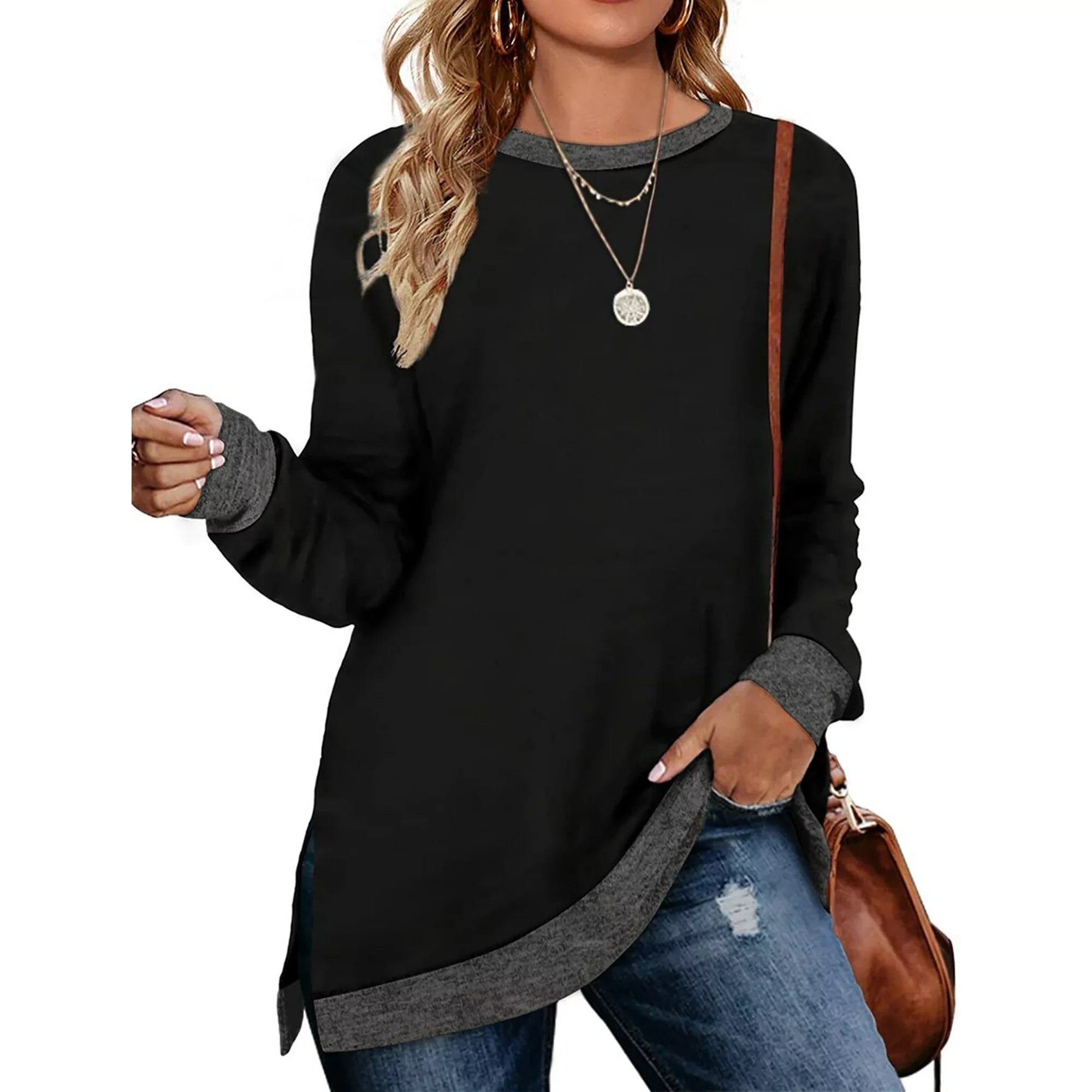 Fantaslook Sweatshirt for Women Long Sleeve Tunic Tops Color Block Crewneck Sweatshirts Side Split
