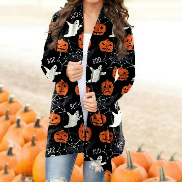Apepal Women's Halloween Animal Cat Print Long Sleeve Cardigan Jacket Black M
