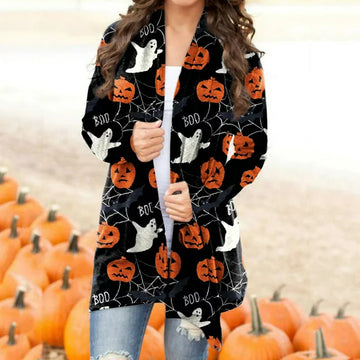 Apepal Women's Halloween Animal Cat Print Long Sleeve Cardigan Jacket Black M