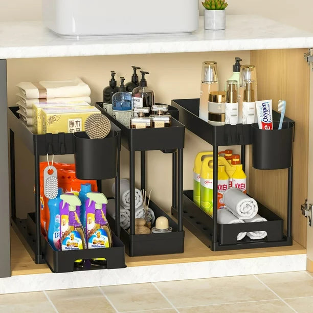 RELOIVE 3Pack Under Sink Organizer, 2 Tier Multi-Purpose Large Capacity Kitchen Under Sink Organizers And Storage Easy Access Sliding Storage Drawer With Hooks And Hanging Cup For Bathroom Under Sink