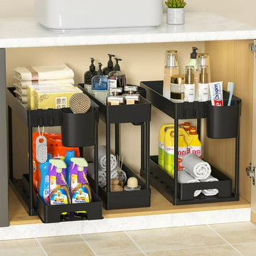 RELOIVE 3Pack Under Sink Organizer, 2 Tier Multi-Purpose Large Capacity Kitchen Under Sink Organizers And Storage Easy Access Sliding Storage Drawer With Hooks And Hanging Cup For Bathroom Under Sink