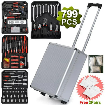 SalonMore 799pcs Aluminum Trolley Case Set, Tool Box with Mechanic Travel Kit, with Case Box Organize Castors