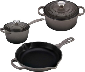 Le Creuset Signature Enameled Cast-Iron 2Qt Dutch Oven, 1.75Qt Saucepan, And 9" Skillet - 5 Piece Bundle Set - Oyster