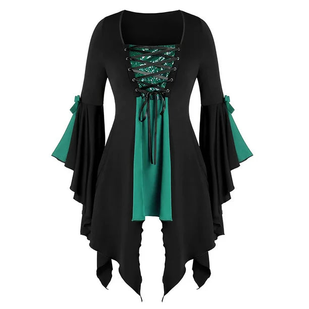 Apepal Women Halloween Gothic Sequined Insert Butterfly Sleeve T-shirt Tops Green L