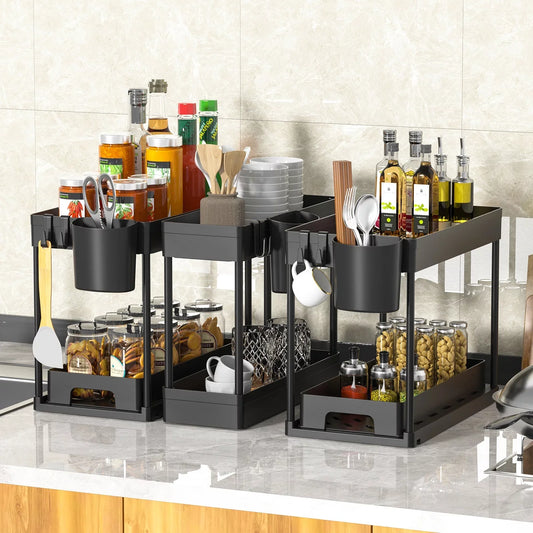 RELOIVE 3Pack Under Sink Organizer, 2 Tier Multi-Purpose Large Capacity Kitchen Under Sink Organizers And Storage Easy Access Sliding Storage Drawer With Hooks And Hanging Cup For Bathroom Under Sink