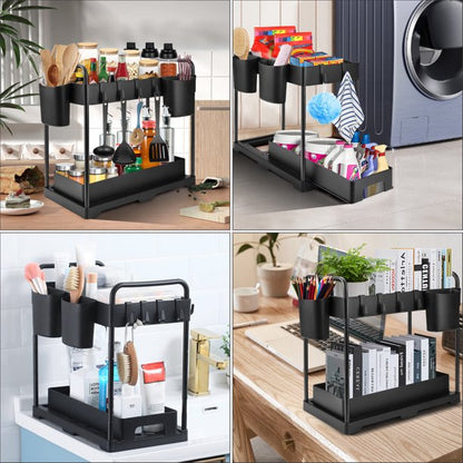 RELOIVE 3Pack Under Sink Organizer, 2 Tier Multi-Purpose Large Capacity Kitchen Under Sink Organizers And Storage Easy Access Sliding Storage Drawer With Hooks And Hanging Cup For Bathroom Under Sink
