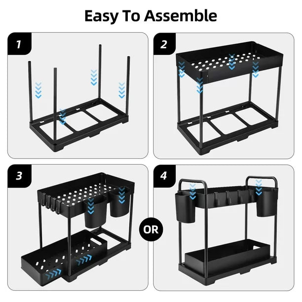 RELOIVE 3Pack Under Sink Organizer, 2 Tier Multi-Purpose Large Capacity Kitchen Under Sink Organizers And Storage Easy Access Sliding Storage Drawer With Hooks And Hanging Cup For Bathroom Under Sink