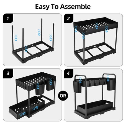 RELOIVE 3Pack Under Sink Organizer, 2 Tier Multi-Purpose Large Capacity Kitchen Under Sink Organizers And Storage Easy Access Sliding Storage Drawer With Hooks And Hanging Cup For Bathroom Under Sink