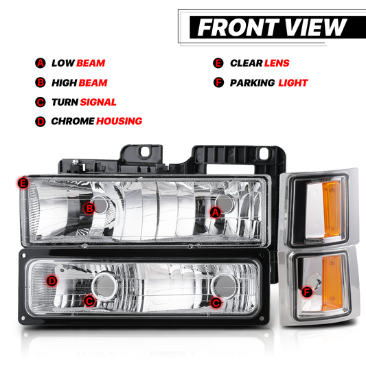 8pcs Headlights+Corner/ Bumper Light (Chrome)<br>94-00 Chevy C/K C10 Pickup, Suburban
