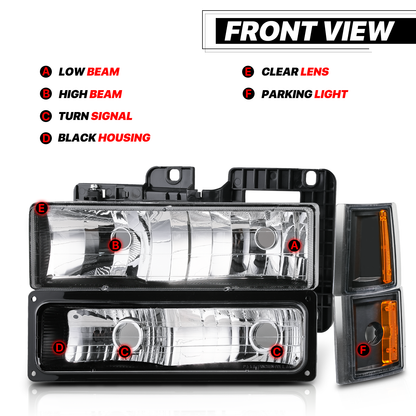 8pcs Headlights+Corner/ Bumper Light (Black)<br>94-00 GMC C/K C10 Pickup, Suburban