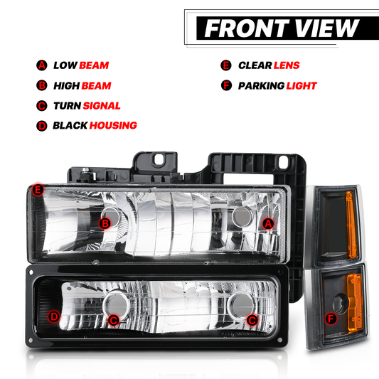 8pcs Headlights+Corner/ Bumper Light (Black)<br>94-00 GMC C/K C10 Pickup, Suburban
