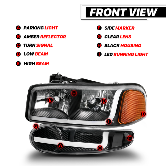 Switchback LED Strip Headlight (Black)<br>01-07 GMC Sierra, Yukon XL Denali
