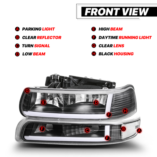 LED DRL Headlight+Bumper Light w/LED Bulbs <br>99-02 Chevy Silverado, 00-06 Suburban, Tahoe