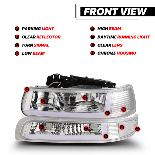 LED DRL Headlight+Bumper Light (Chrome)<br>99-02 Chevy Silverado, 00-06 Suburban, Tahoe