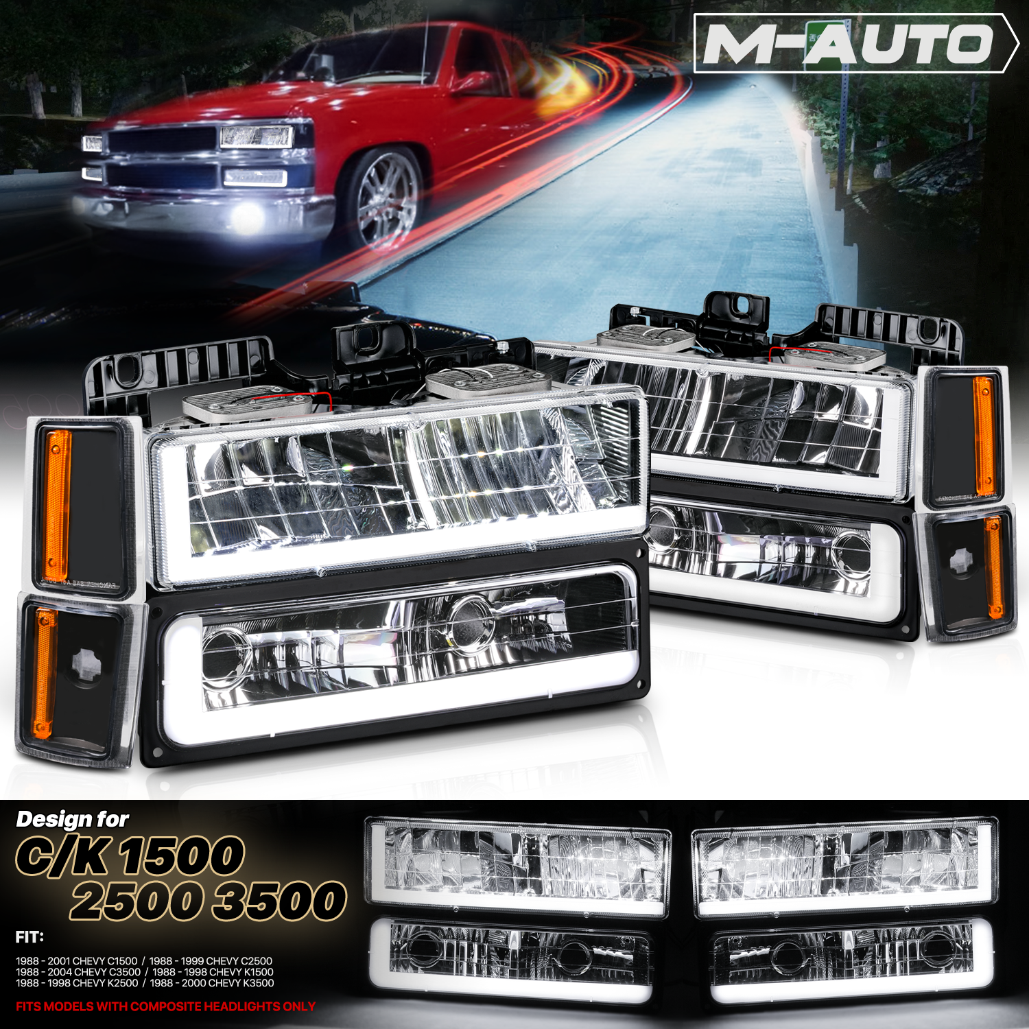 8pcs Headlight w/LED DRL Strip (Black)<br>88-93 Chevy C/K C10 Pickup, Suburban