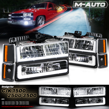 8pcs Headlight w/LED DRL Strip (Black)<br>88-93 Chevy C/K C10 Pickup, Suburban