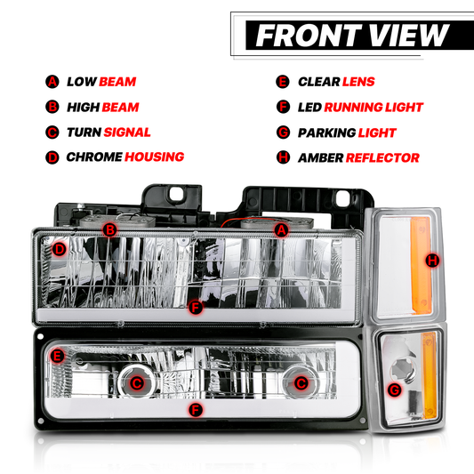 8pcs Headlight w/LED DRL Strip (Chrome)<br>88-93 Chevy C/K C10 Pickup, Suburban