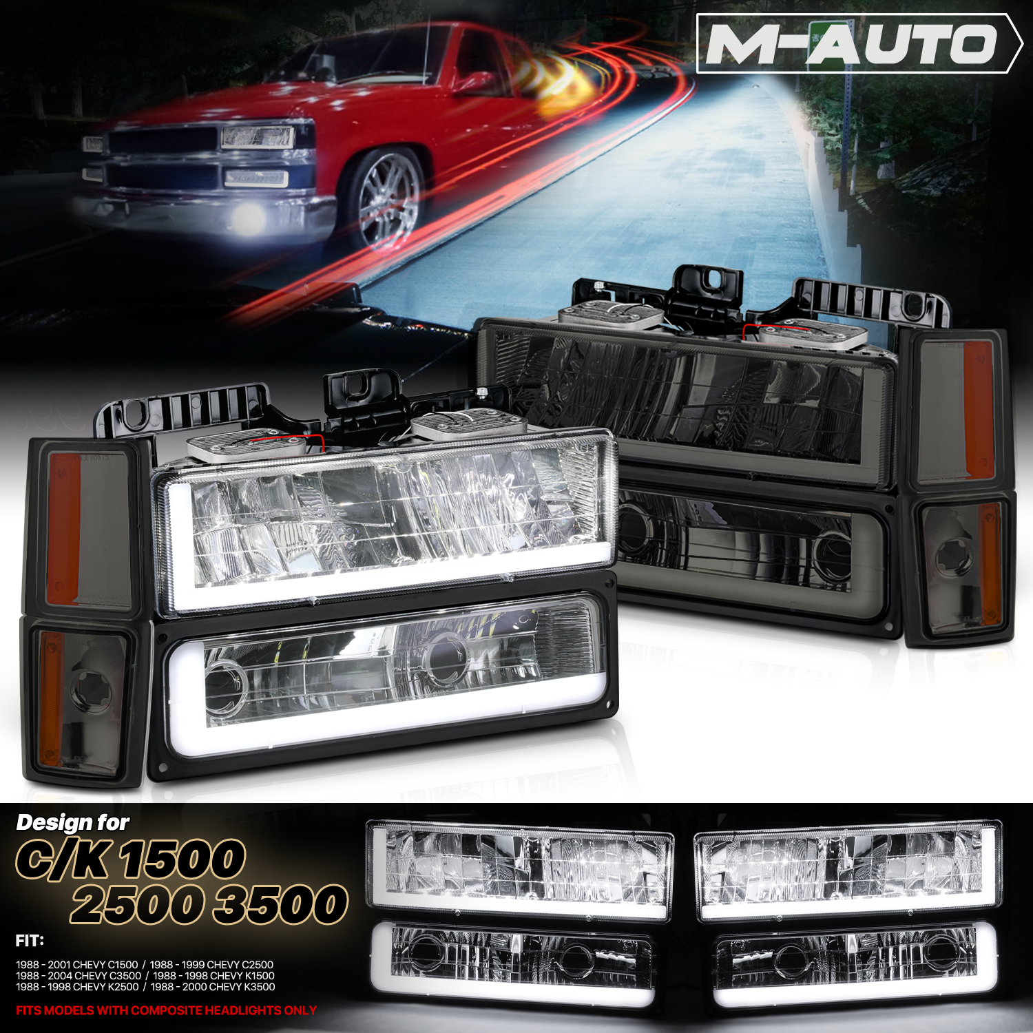 8pcs Headlight w/LED DRL Strip (Smoked)<br>88-93 Chevy C/K C10 Pickup, Suburban
