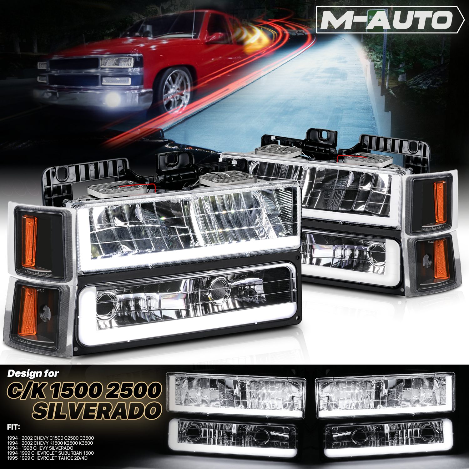 8pcs Headlights w/LED DRL Strip (Black)<br>94-00 Chevy C/K C10 Pickup, Suburban