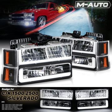 8pcs Headlights w/LED DRL Strip (Black)<br>94-00 Chevy C/K C10 Pickup, Suburban