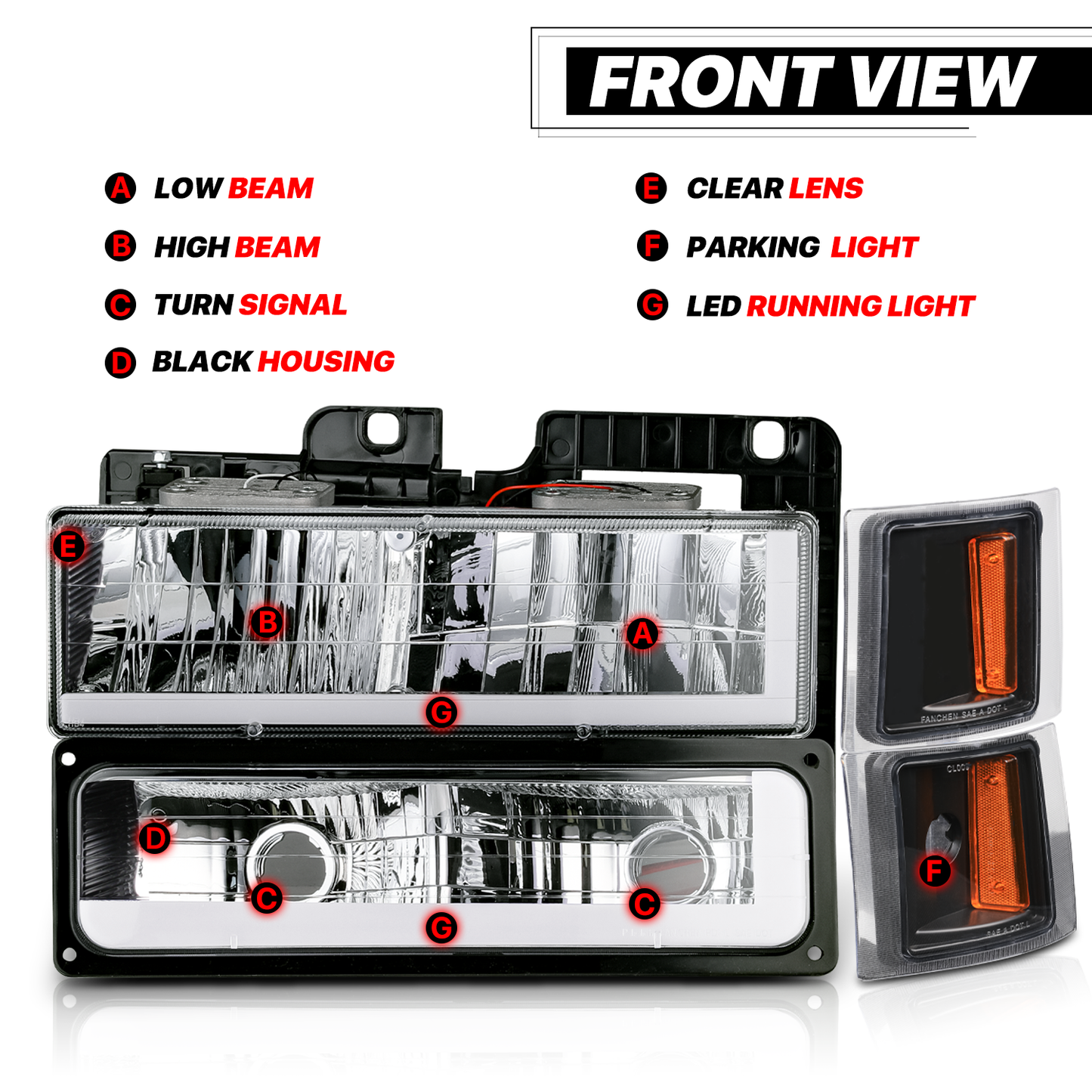 8pcs Headlights w/LED DRL Strip (Black)<br>94-00 Chevy C/K C10 Pickup, Suburban