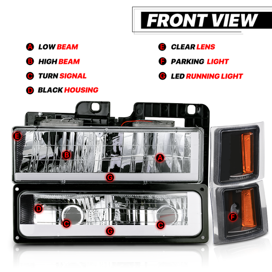 8pcs Headlights w/LED DRL Strip (Black)<br>94-00 Chevy C/K C10 Pickup, Suburban