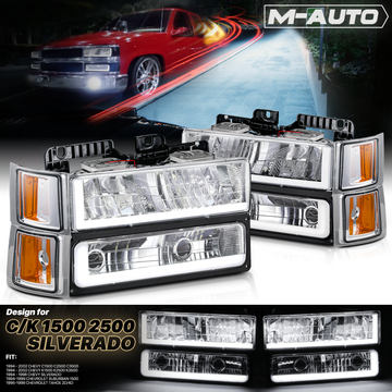 8pcs Headlights w/LED DRL Strip (Chrome)<br>94-00 Chevy C/K C10 Pickup, Suburban