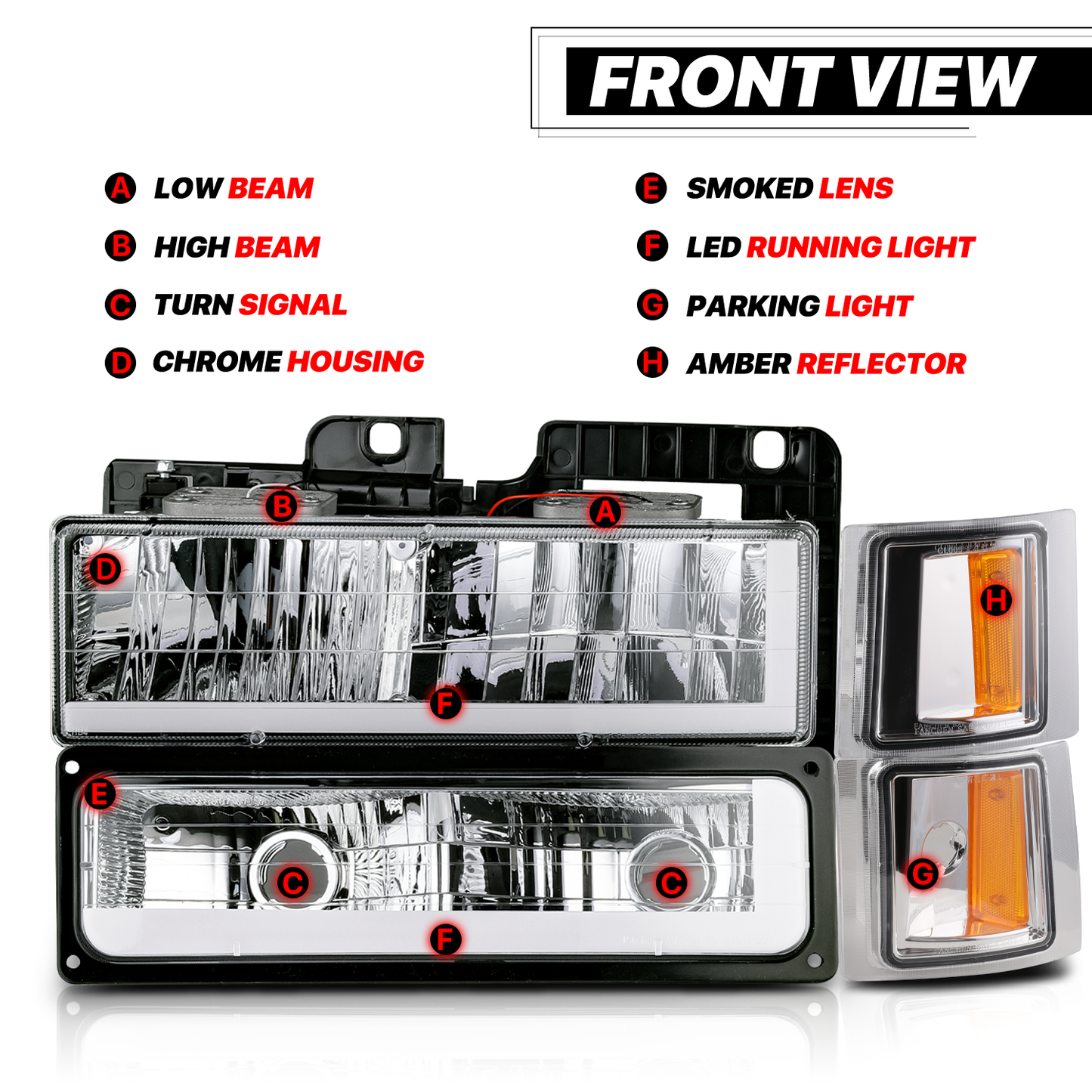 8pcs Headlights w/LED DRL Strip (Chrome)<br>94-00 Chevy C/K C10 Pickup, Suburban