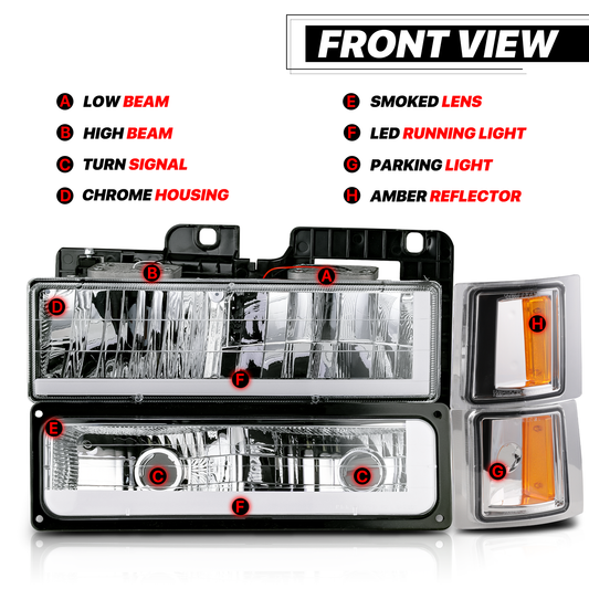 8pcs Headlights w/LED DRL Strip (Chrome)<br>94-00 Chevy C/K C10 Pickup, Suburban