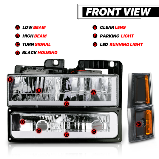 8pcs Headlights w/LED DRL Strip (Black)<br>94-00 GMC C/K C10 Pickup, Suburban