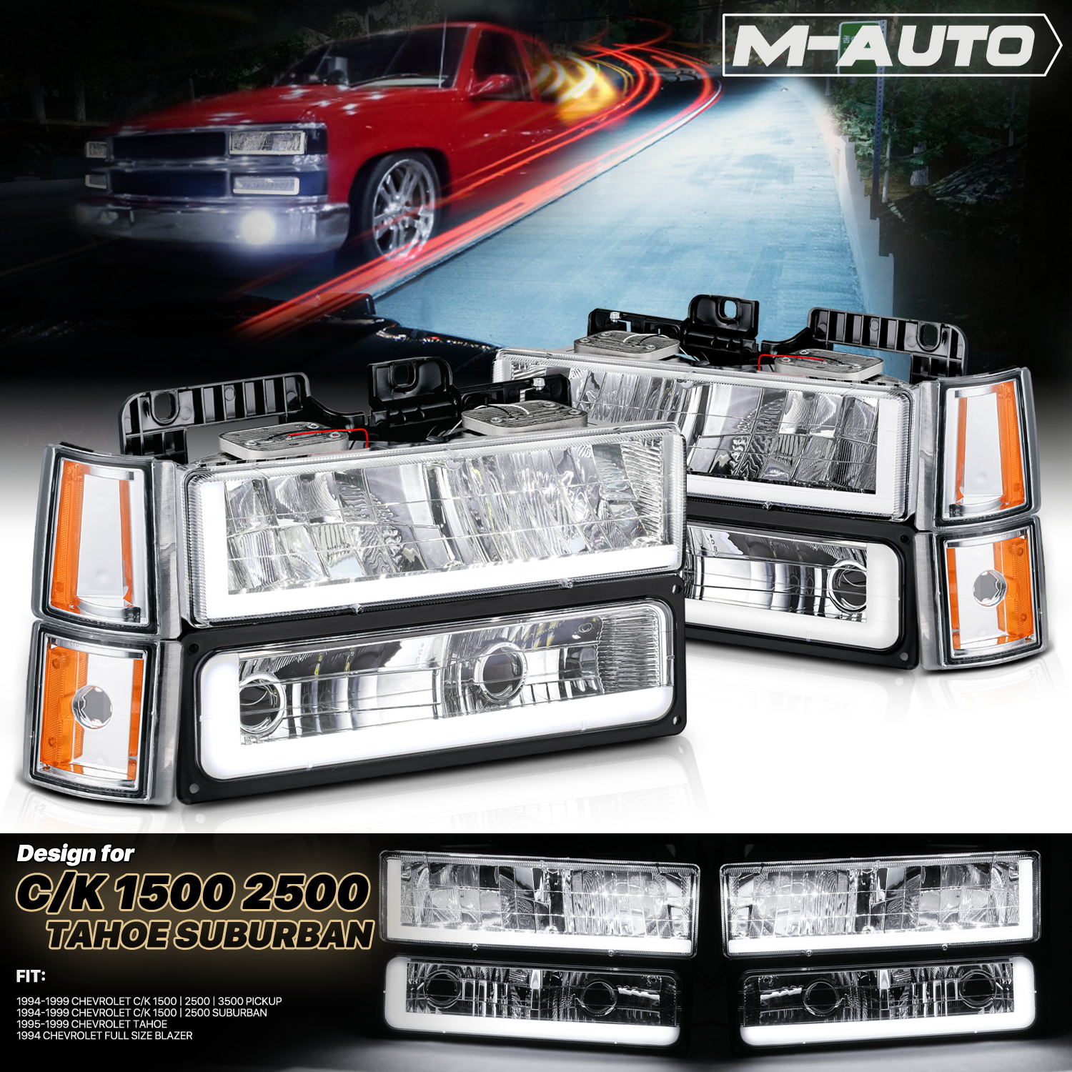 8pcs Headlights w/LED DRL Strip (Chrome)<br>94-00 GMC C/K C10 Pickup, Suburban