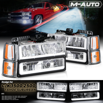 8pcs Headlights w/LED DRL Strip (Chrome)<br>94-00 GMC C/K C10 Pickup, Suburban