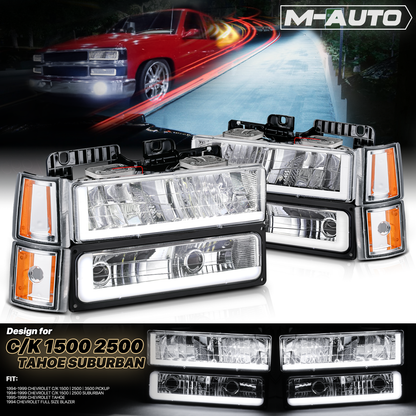 8pcs Headlights w/LED DRL Strip (Chrome)<br>94-00 GMC C/K C10 Pickup, Suburban
