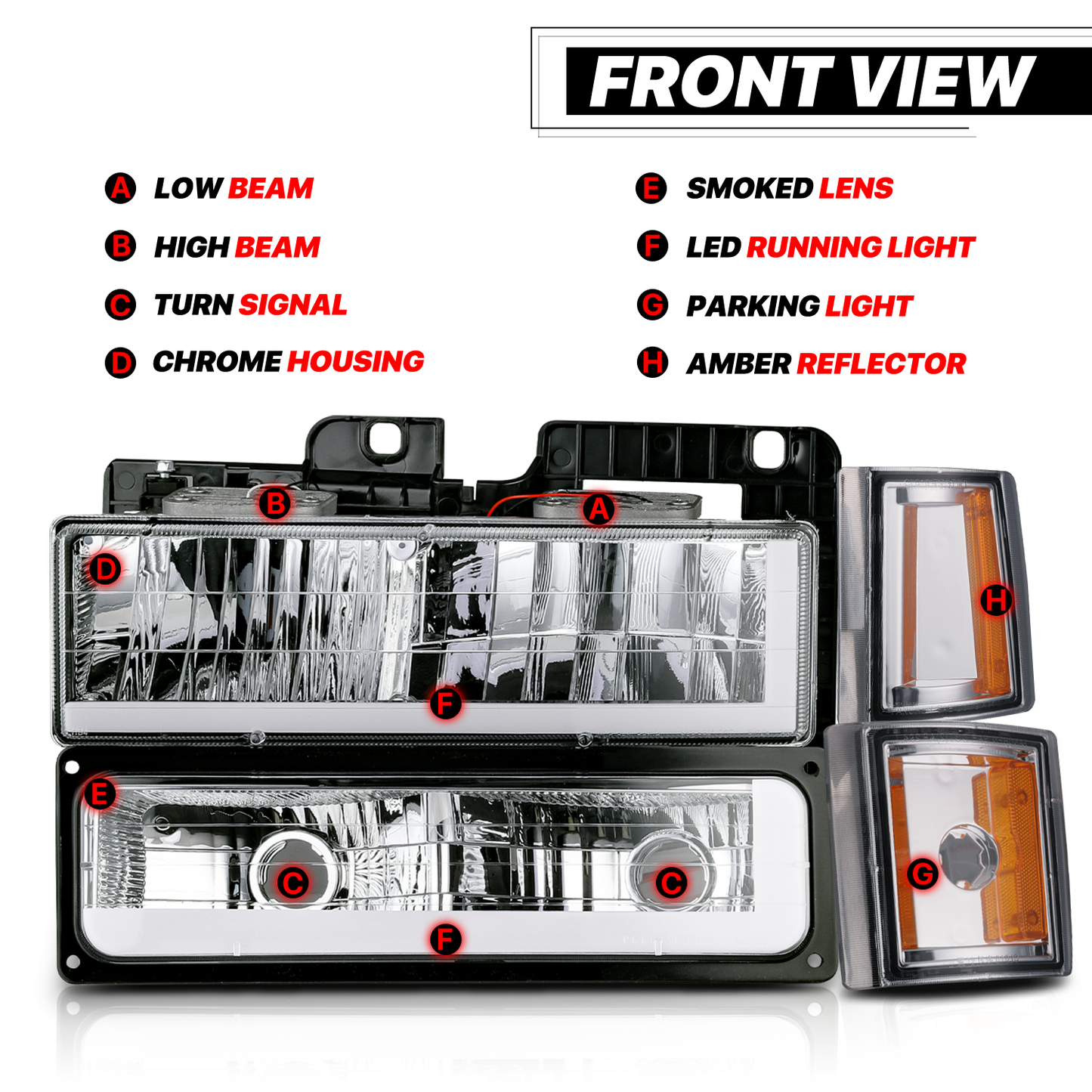 8pcs Headlights w/LED DRL Strip (Chrome)<br>94-00 GMC C/K C10 Pickup, Suburban