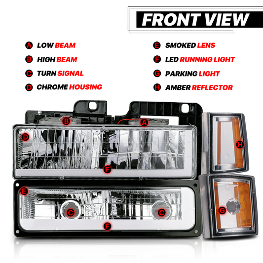 8pcs Headlights w/LED DRL Strip (Chrome)<br>94-00 GMC C/K C10 Pickup, Suburban
