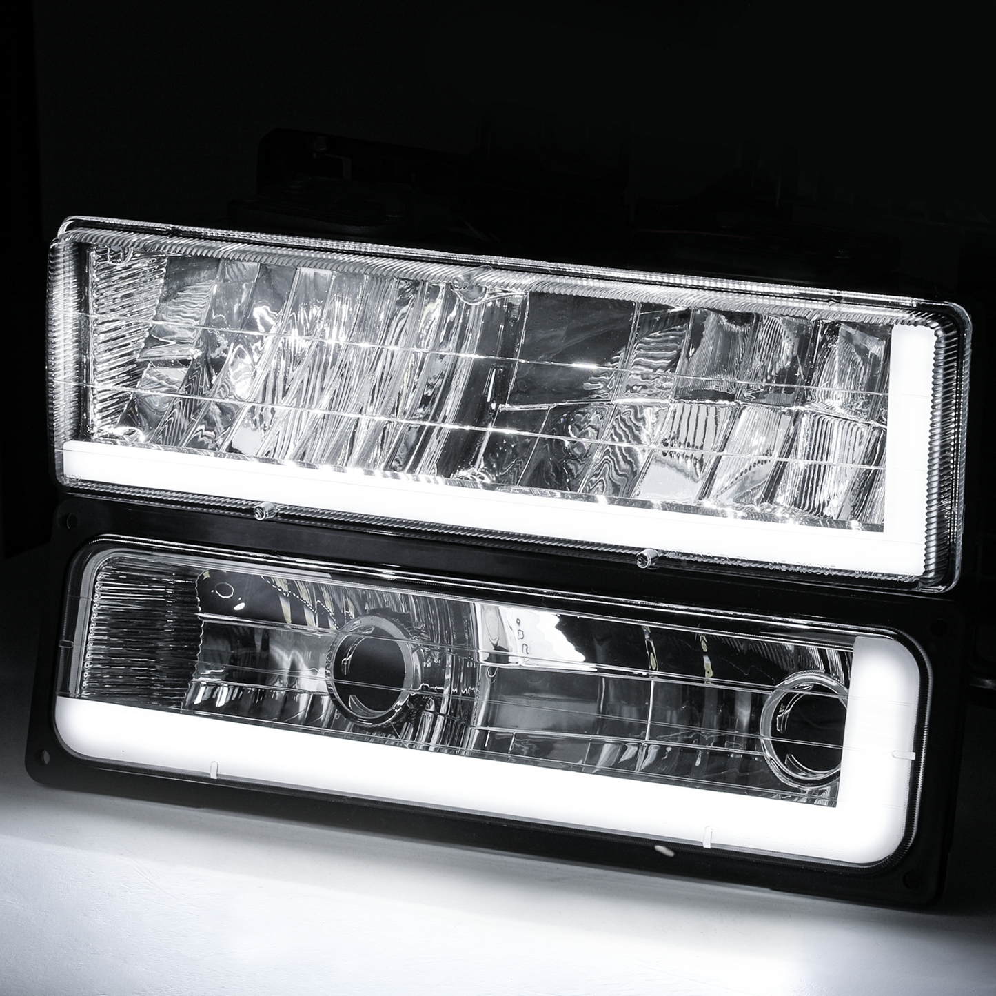 8pcs Headlights w/LED DRL Strip (Chrome)<br>94-00 GMC C/K C10 Pickup, Suburban