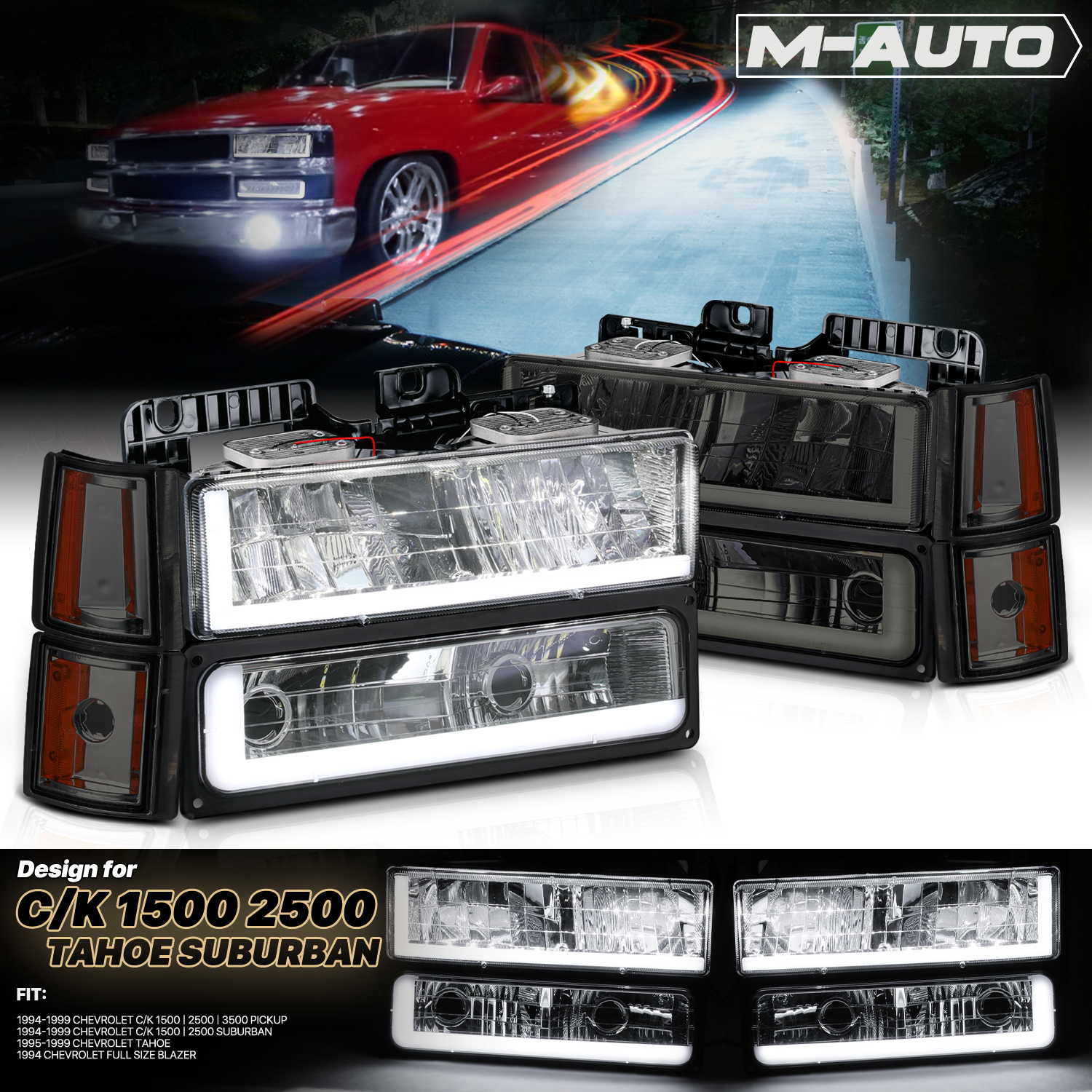 8pcs Headlights w/LED DRL Strip (Smoked)<br>94-00 GMC C/K C10 Pickup, Suburban