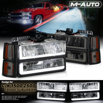 8pcs Headlights w/LED DRL Strip (Smoked)<br>94-00 GMC C/K C10 Pickup, Suburban