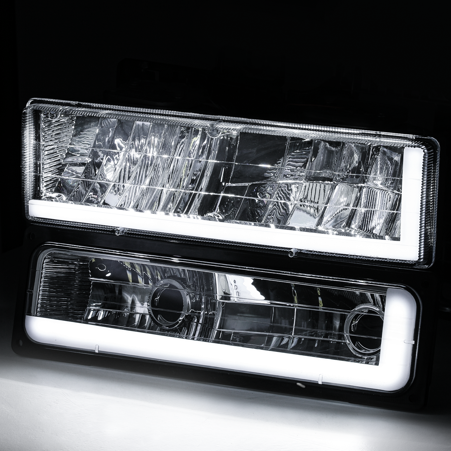 8pcs Headlights w/LED DRL Strip (Smoked)<br>94-00 GMC C/K C10 Pickup, Suburban