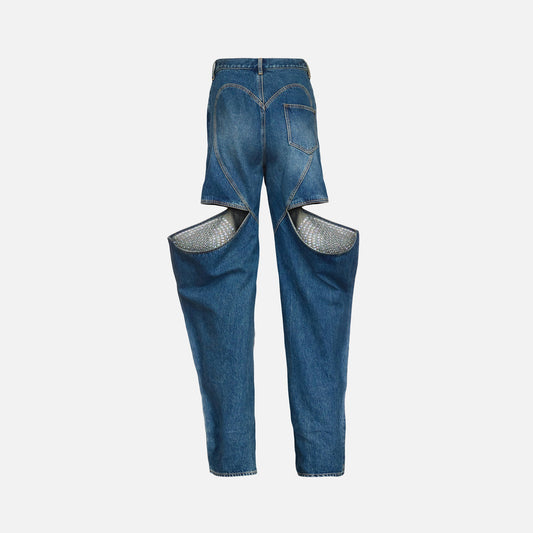 Area Crystal Embellished Slit Jean - Vintage Indigo