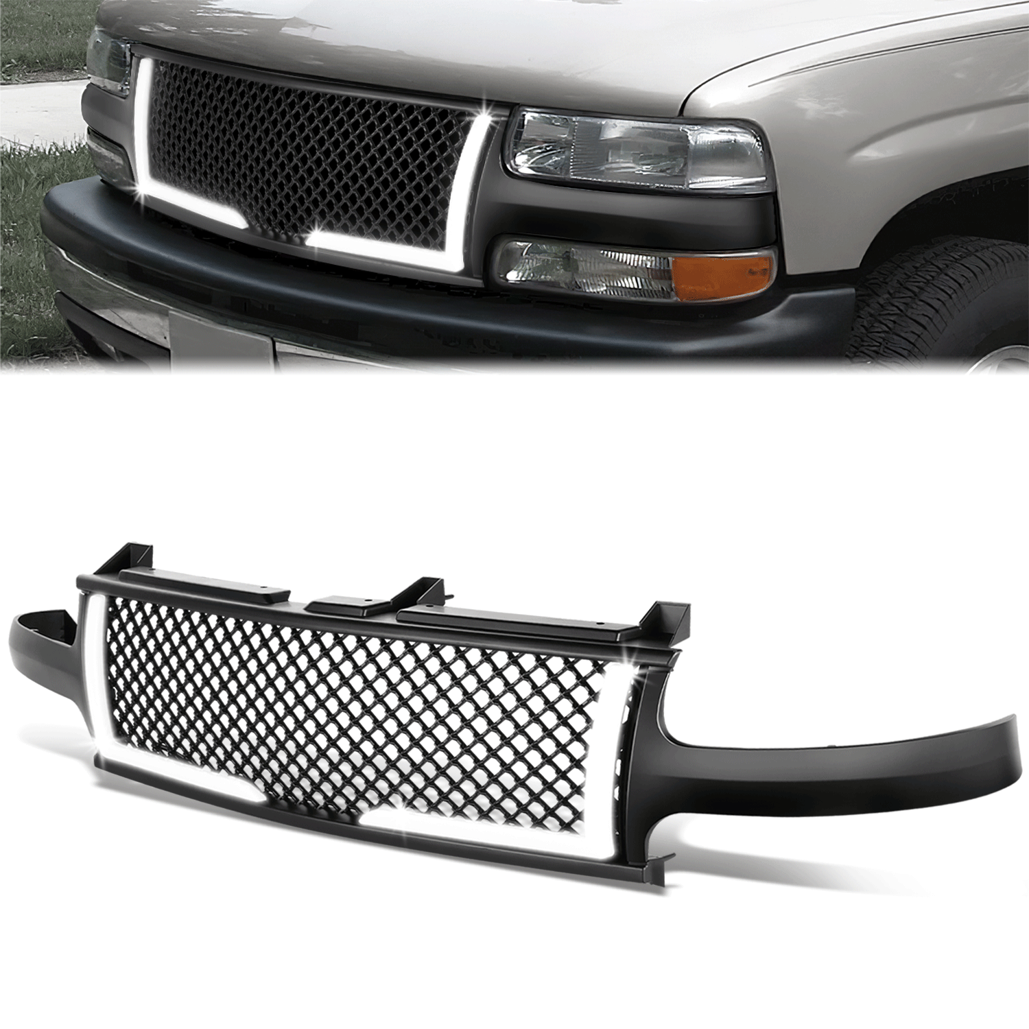 99-02 Chevy Silverado 00-06 Suburban Tahoe LED DRL Front Grille - Honeycomb Mesh