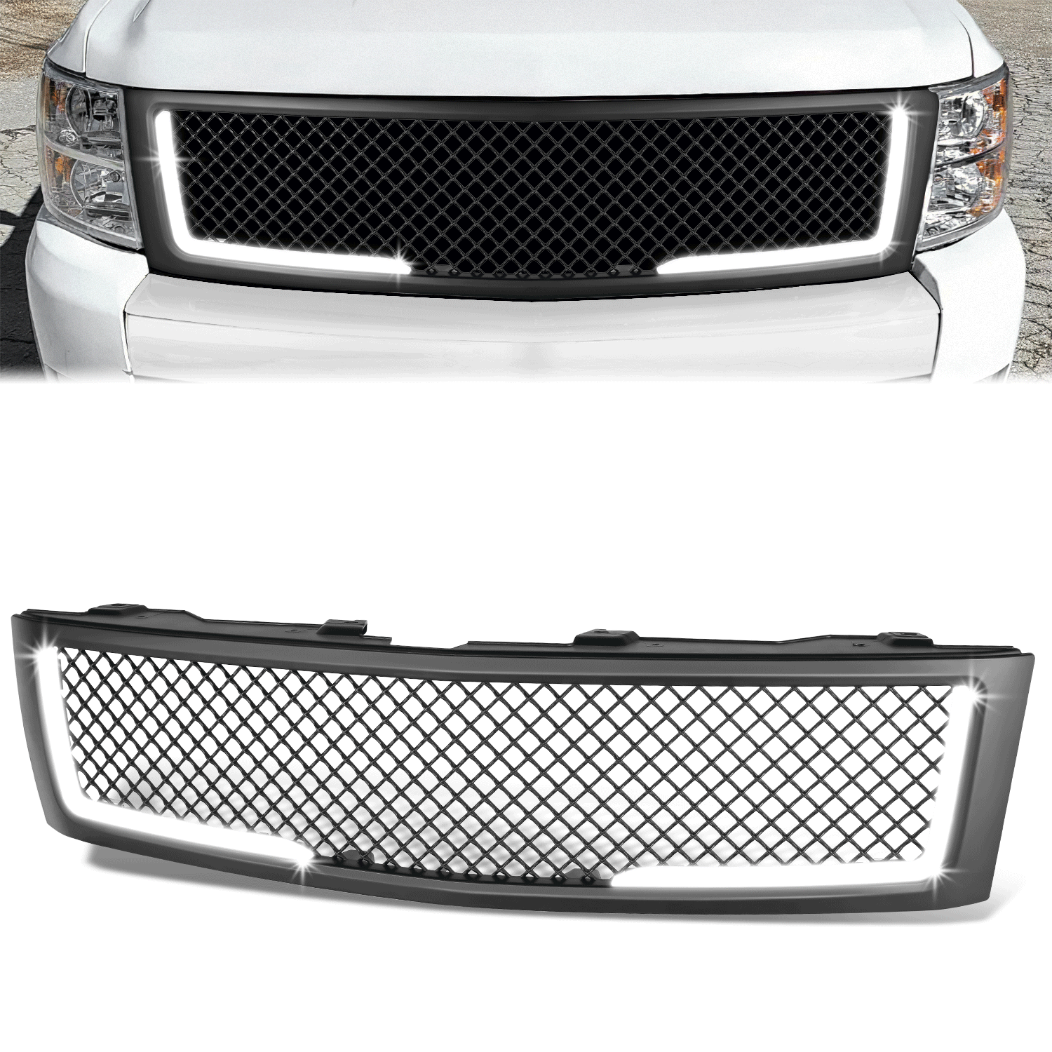 07-13 Chevy Silverado 1500 LED DRL Front Grille - Diamond Mesh