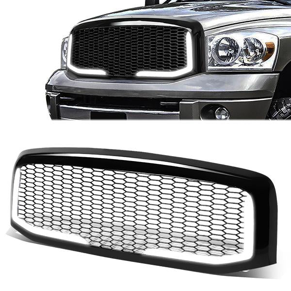 06-09 Dodge Ram 1500 2500 3500 LED DRL Front Grille - Badgeless Honeycomb Mesh - Black