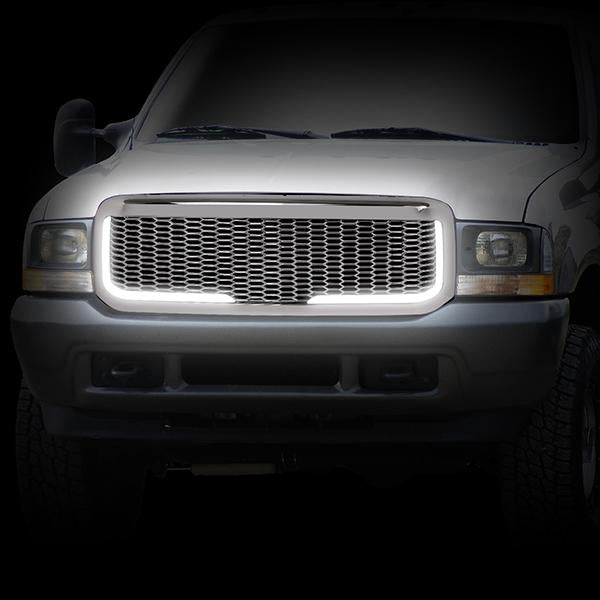 99-04 Ford F250 F350 Super Duty Front Grille+LED Bar - Honeycomb Mesh - Chrome